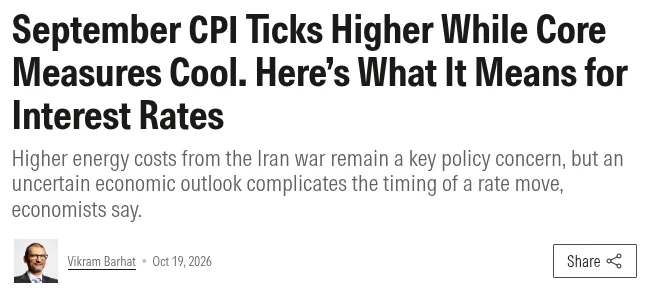 Morningstar article header: September CPI Ticks Higher While Core Measures Cool. Here’s What It Means for Interest Rates, by Vikram Barhat, October 19, 2026.